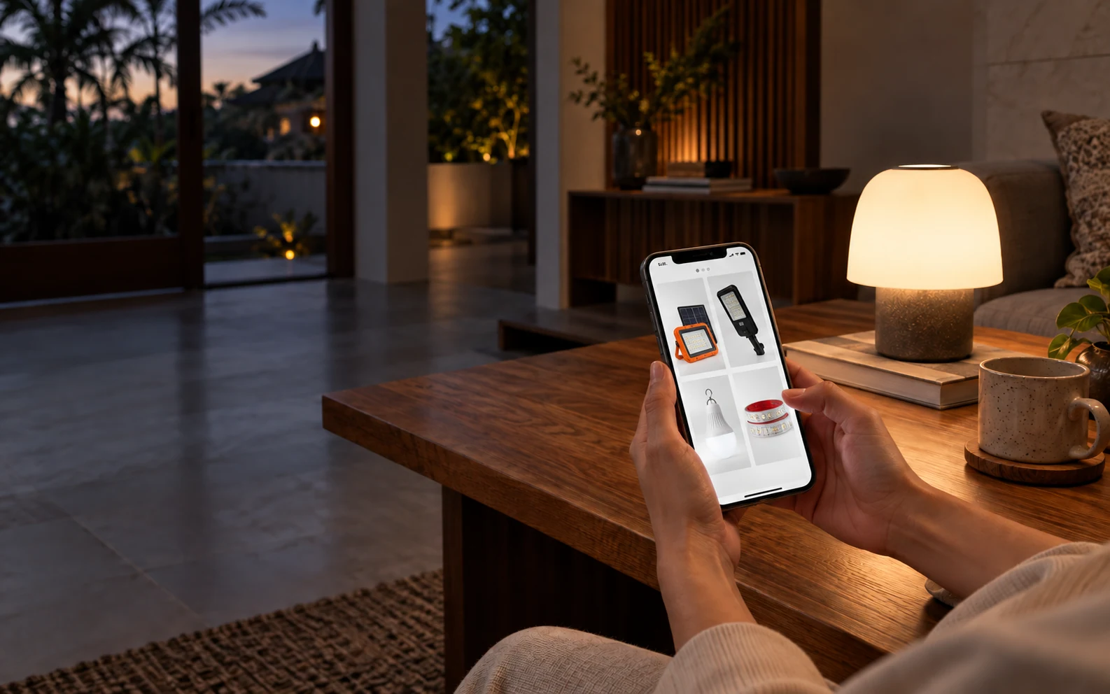 Customer browsing NOVAE lighting products on a phone in a warmly lit home