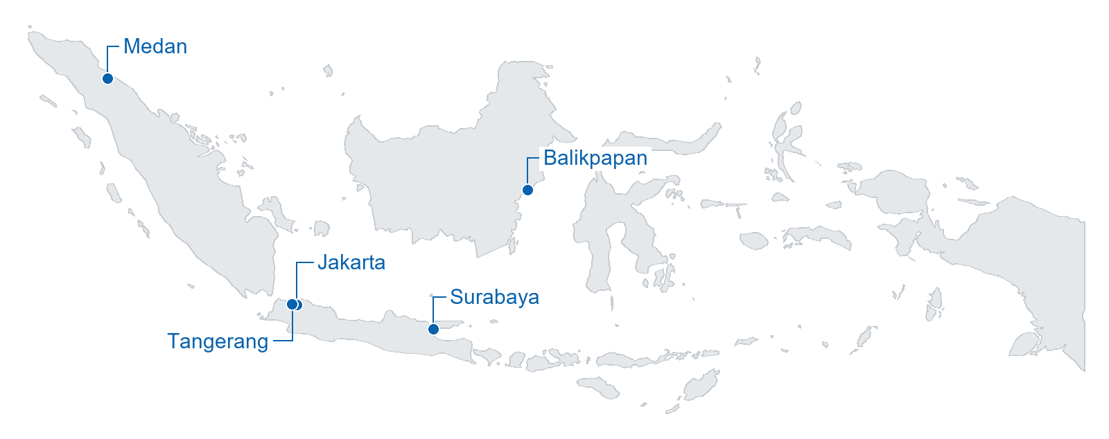 Map of Indonesia showing Medan, Tangerang, Jakarta, Surabaya and Balikpapan.
